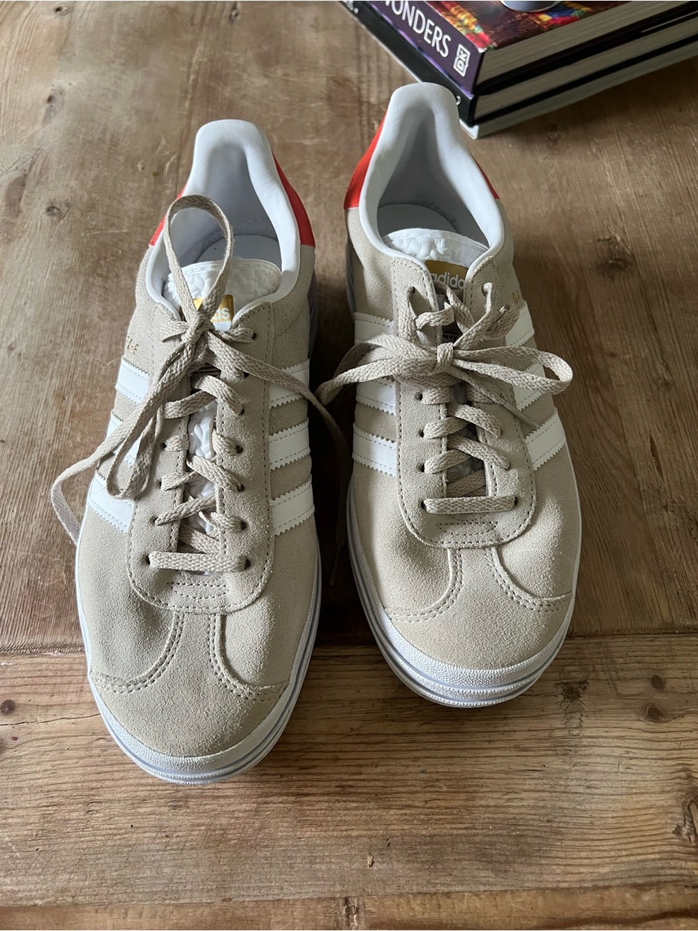 adidas Beige Suede Platform Sneakers with White Stripes and Red Heel - Picture 11 of 13